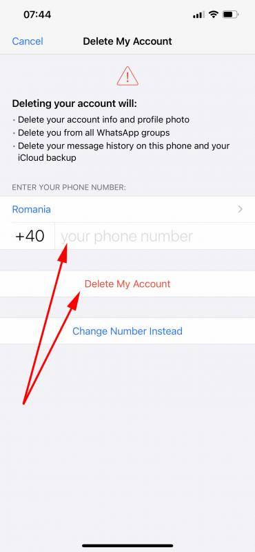 Confirm delete WhatsApp account iPhone