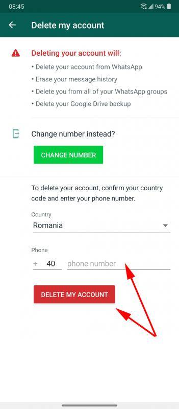 Delete WhatsApp account confirmation Android