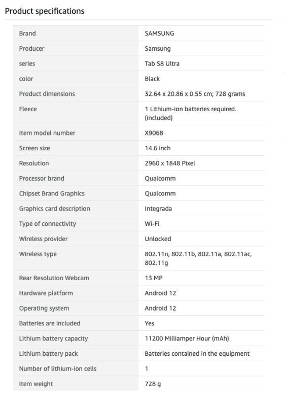 Samsung Galaxy Tab S8 Ultra leaked specifications on Amazon Italy