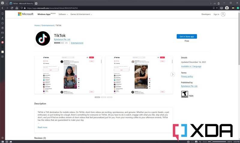 TikTok app listing on new Microsoft Store