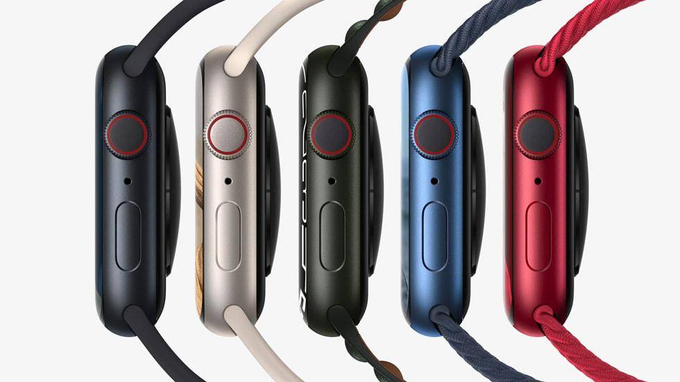 Apple Watch Series 7 in Midnight, Starlight, Green, Blue, and Product RED Aluminium colors