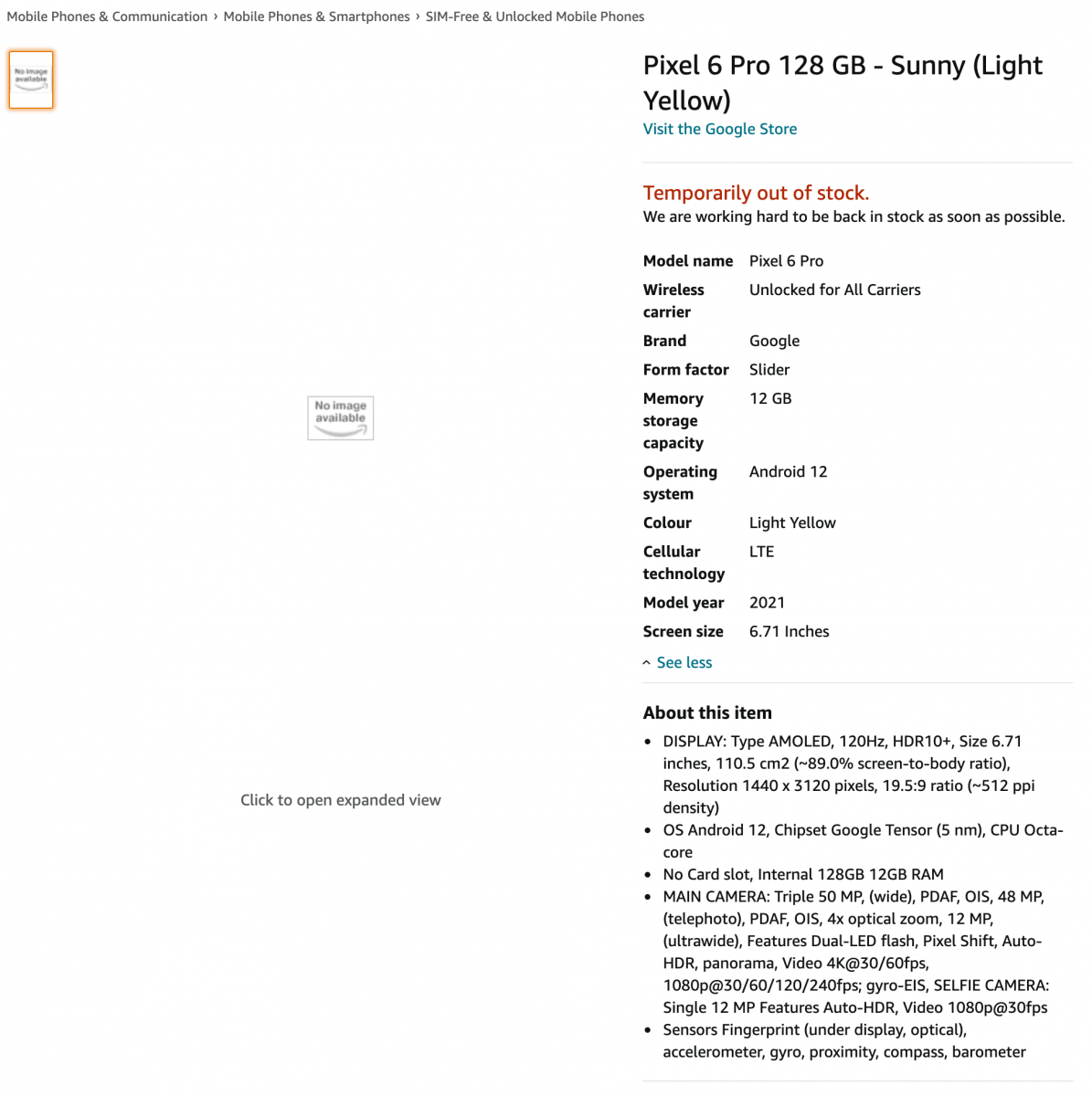 Google Pixel 6 Pro 128GB Sunny Amazon UK