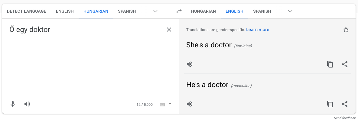 Google Translate gender-specific translation on the web