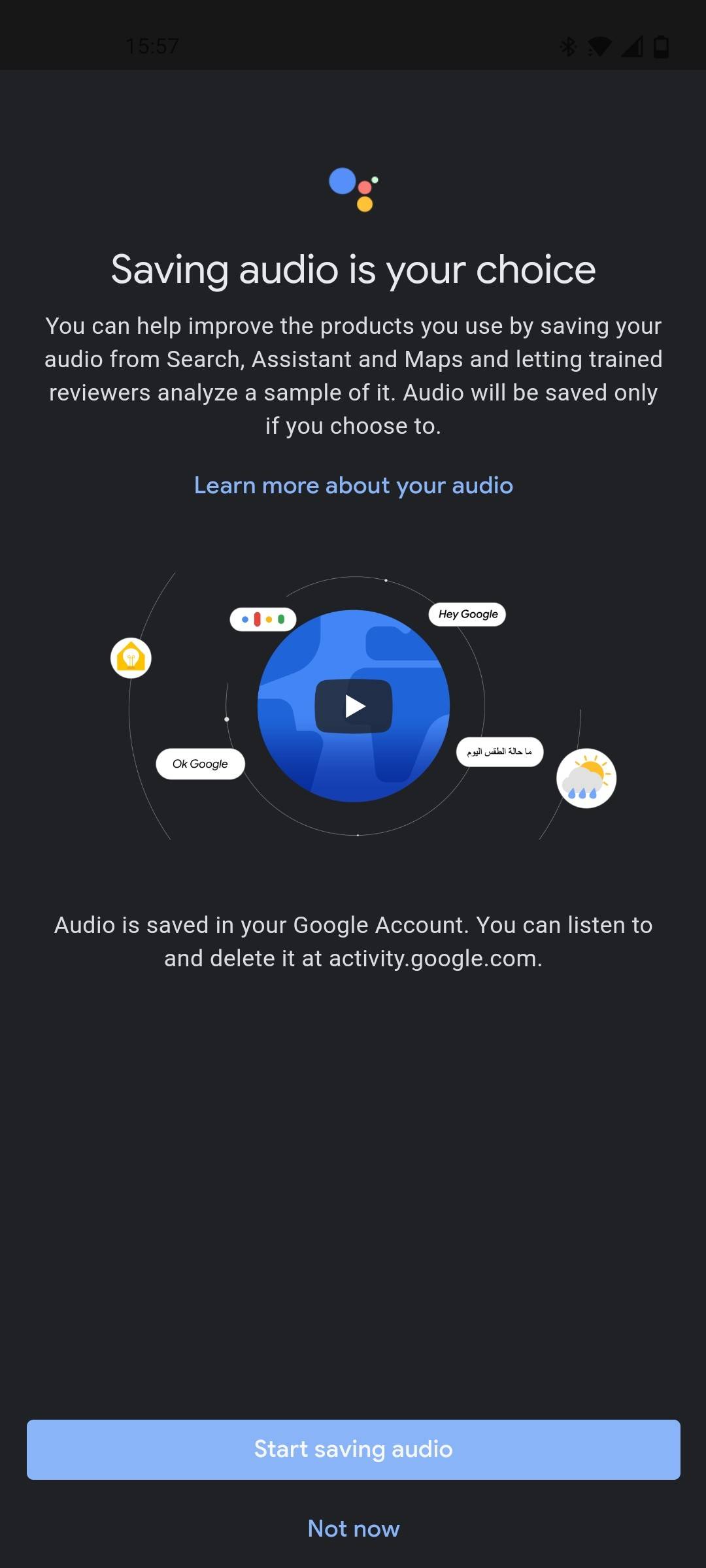prompt for whether you want Google to store your audio clips