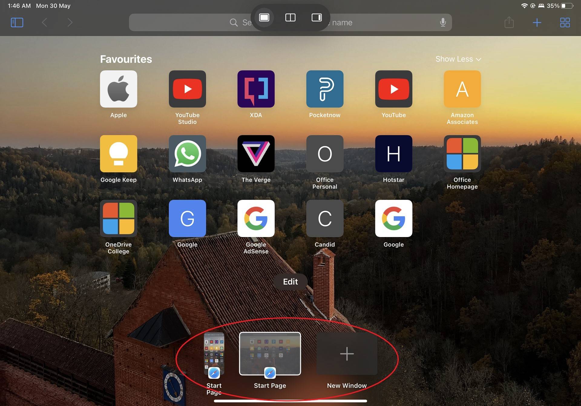 an image pointing out the shelf in ipados and the new window button