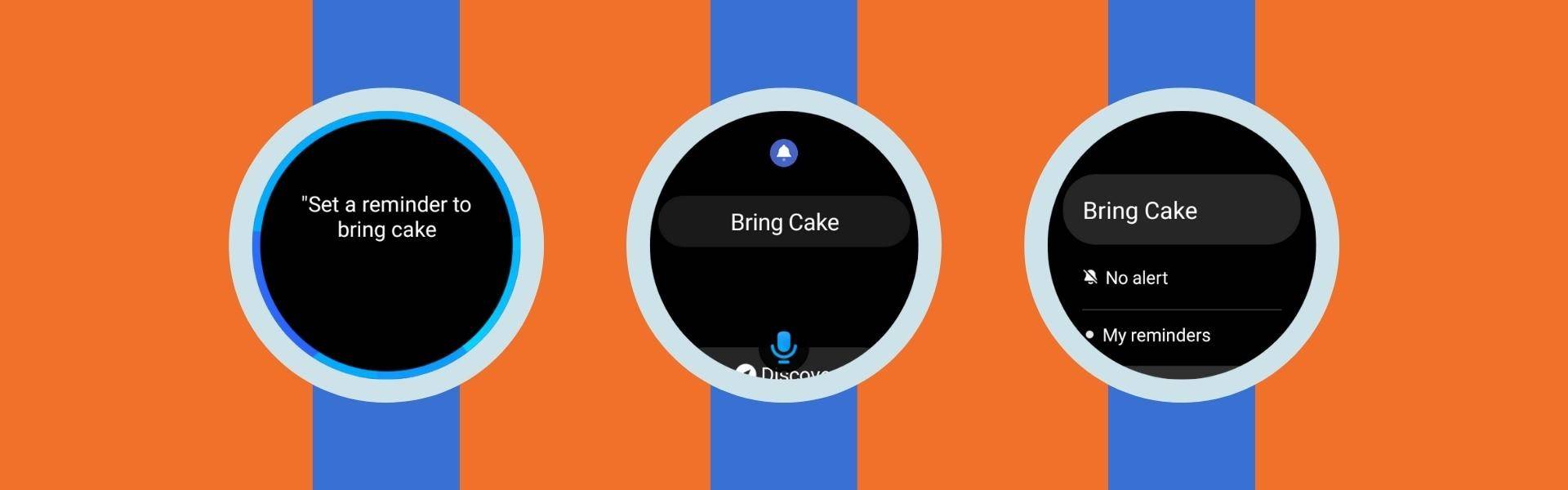 an image showing the screens during reminder creation on galaxy watch 4 using Bixby