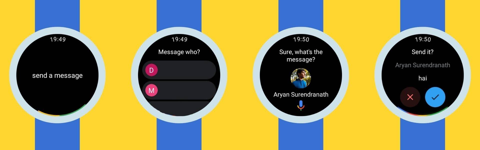 Galaxy Watch 4 pantallas al enviar mensajes usando el asistente de Google