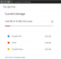 one.google.com/u/0/storage Google One Current storage 1.68 GB of 15 GB (11%) used Google Drive Gmail Google Photos Learn how to manage storage O 0.61 0.99 0.07