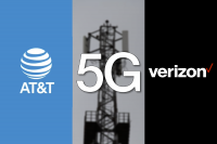 AT&T logo on the left, 5G with a cell tower in background, and Verizon logo on the right
