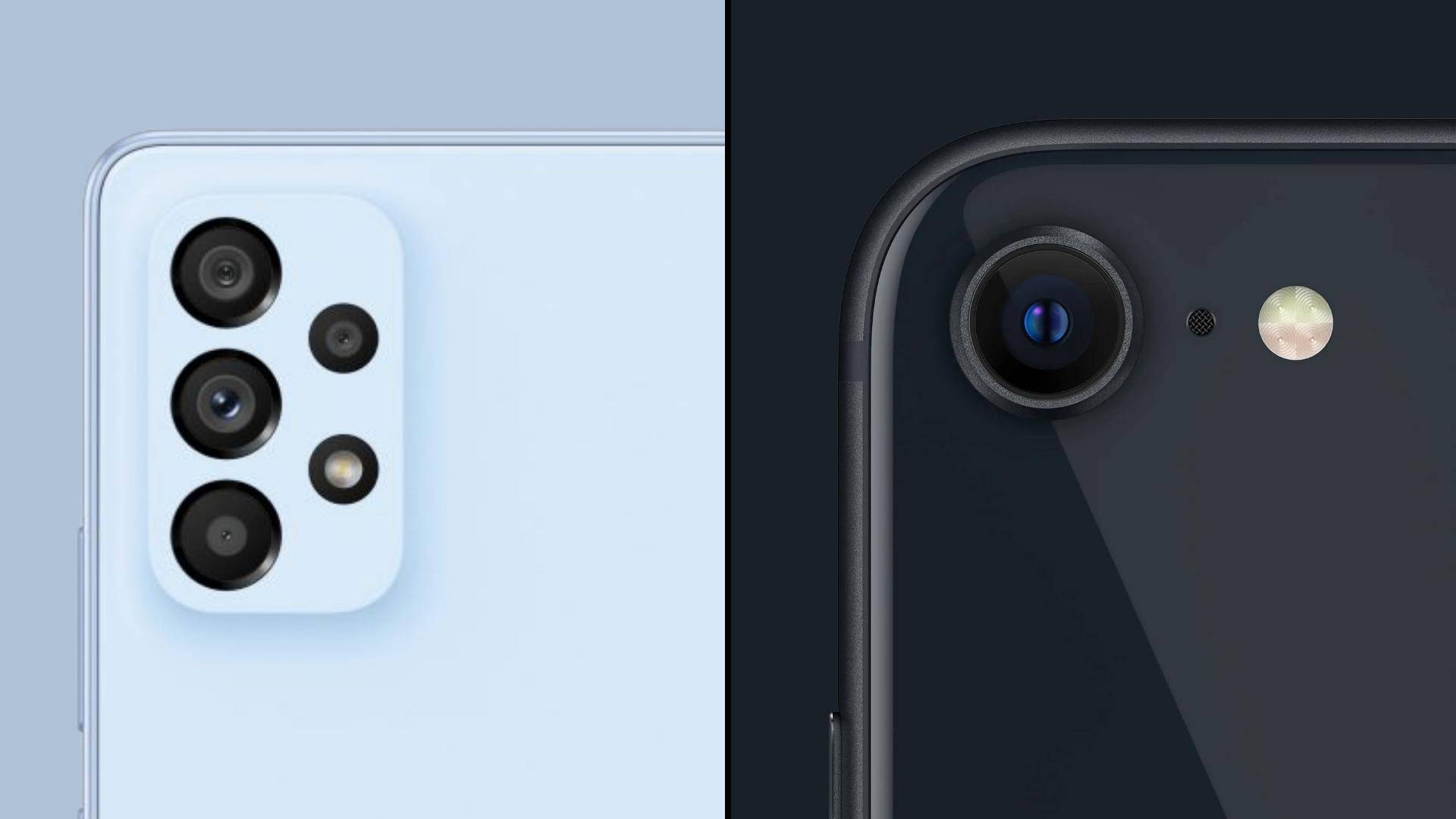 Image showcasing the camera array on Samsung Galaxy A53 and iPhone SE 2022