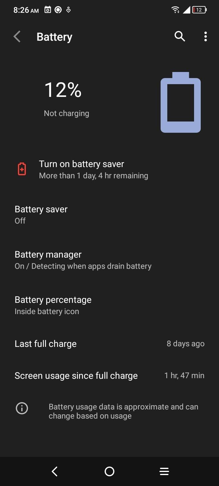 TCL 30 XE 5G Battery Stats from Settings App