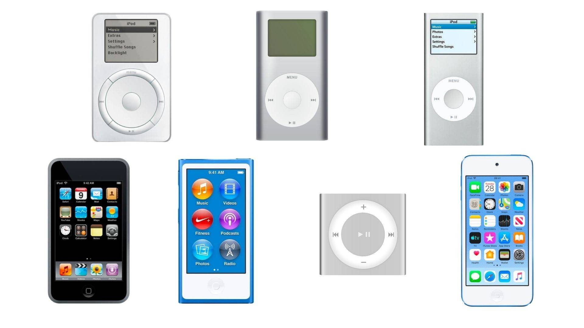 Original iPod 2001, iPod mini 2004, iPod nano (2nd gen) 2006, original iPod touch 2007, iPod nano (7th gen) 2012, iPod shuffle (4th gen) 2015, iPod touch (7th gen) 2019