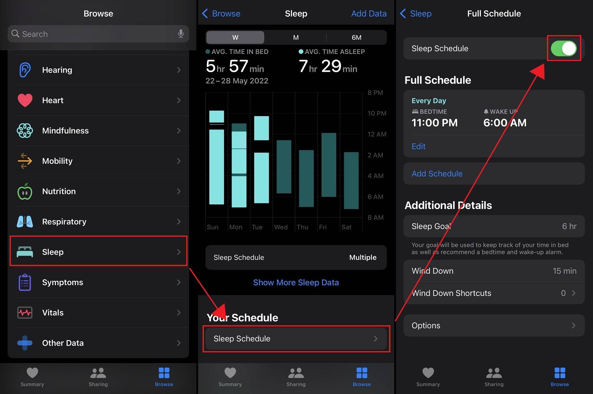 An showing the steps to setup sleep schedule on iPhone