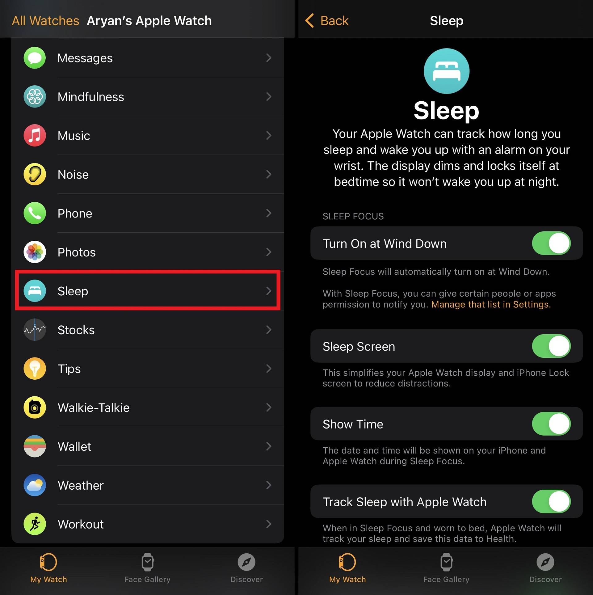 a view of the sleep settings screen in Watch app