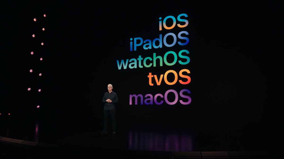 Tim Cook in front of iOS macOS watchOS label