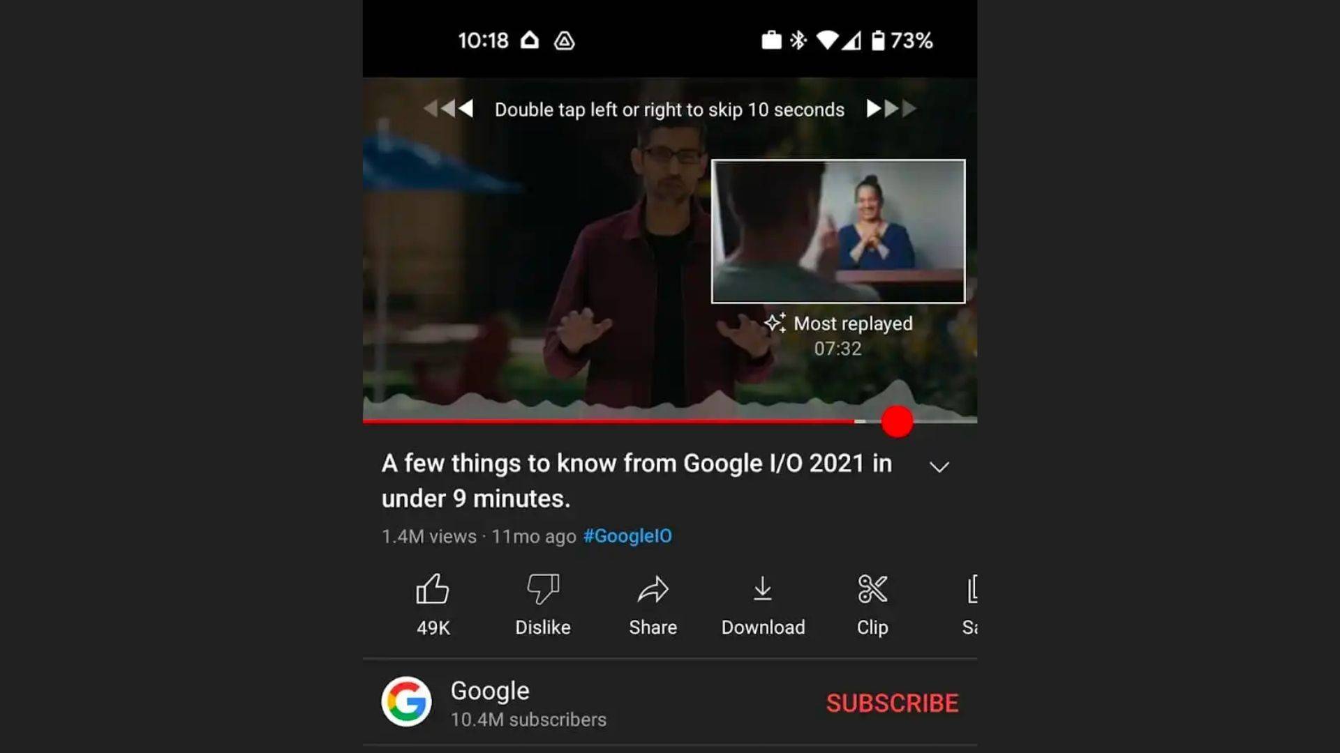 YouTube mobile view displaying the new "most replayed" feature