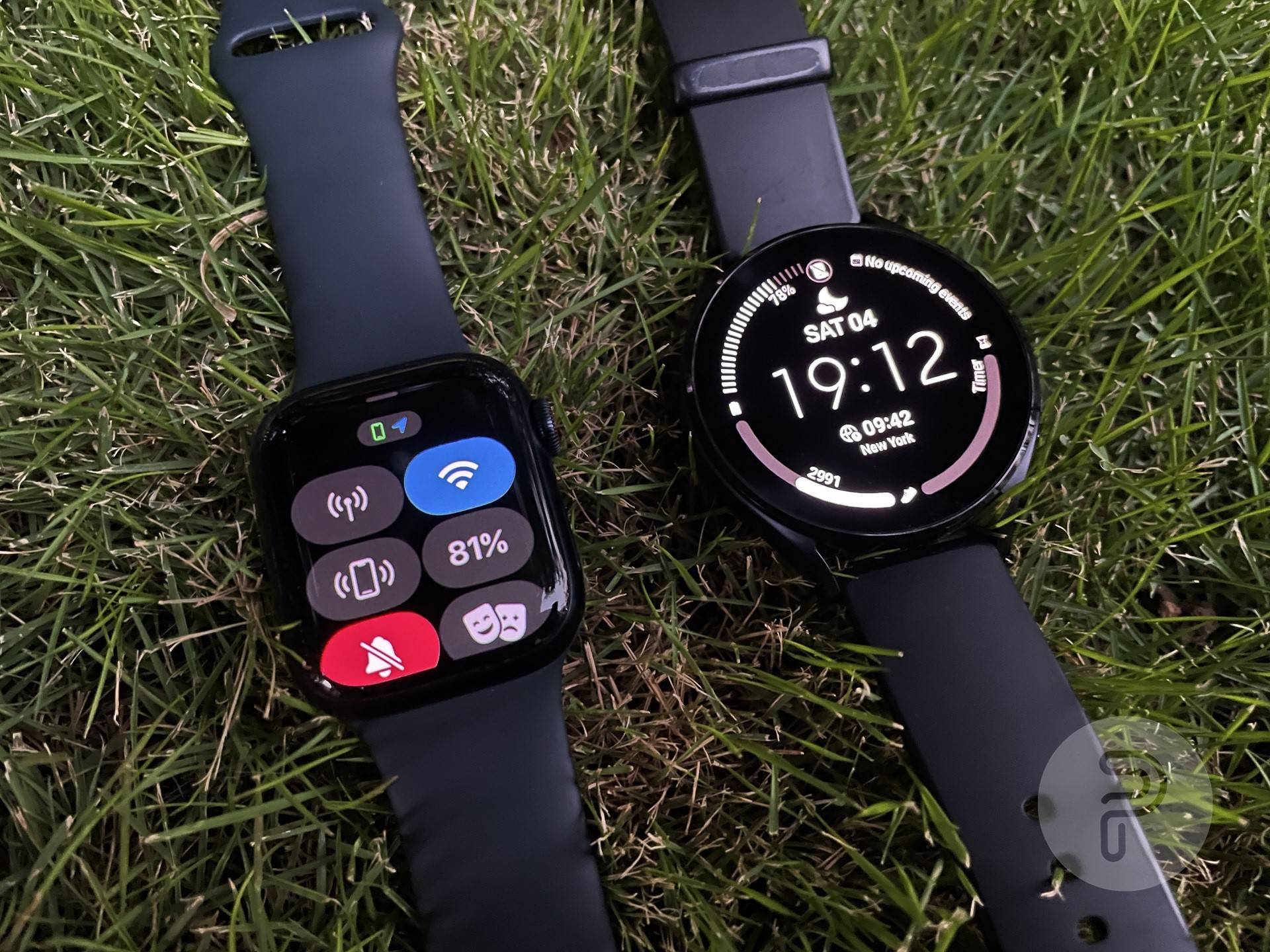 Apple Watch and Galaxy Watch placed next to each other, showing their connectivity status
