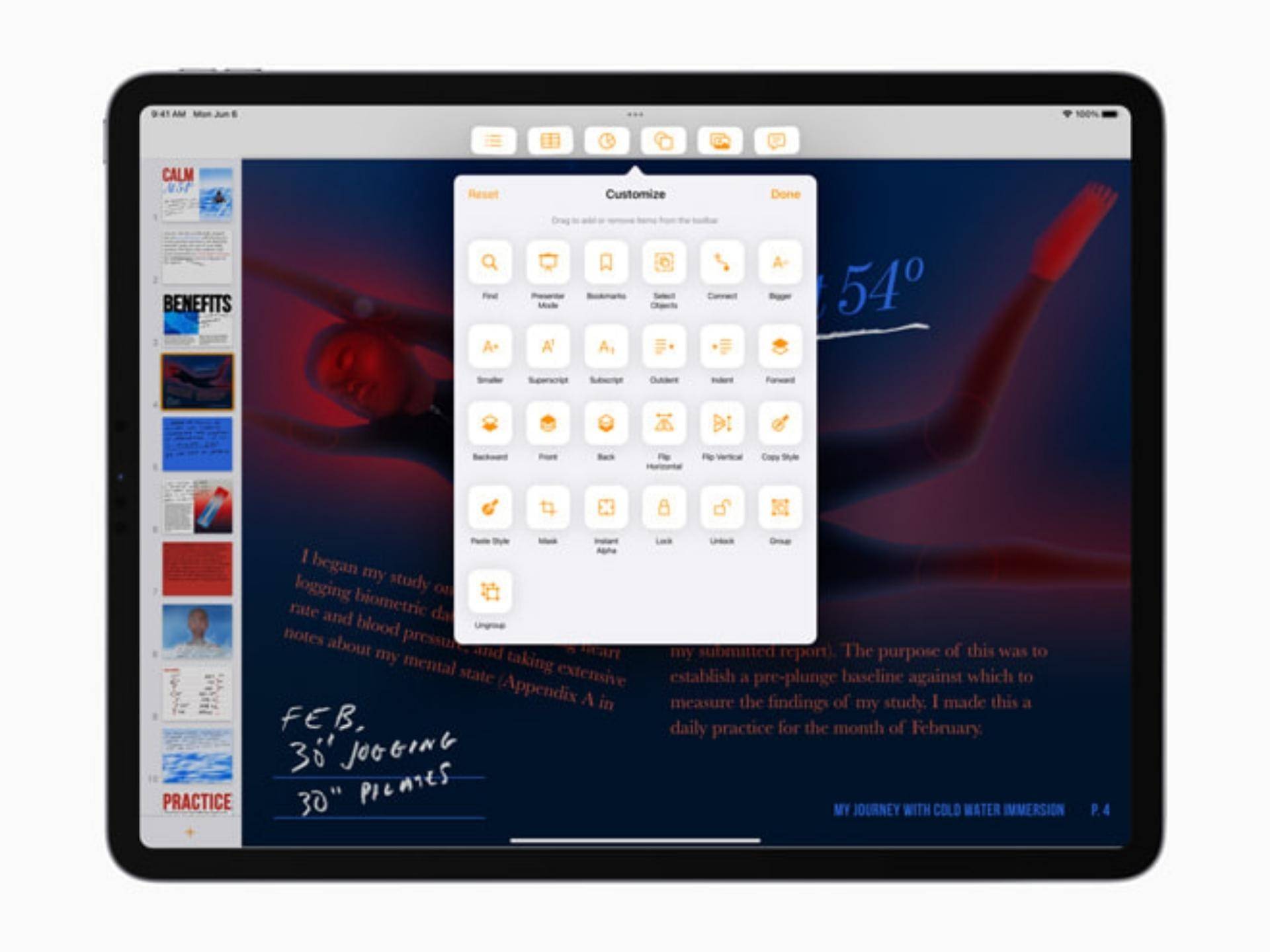 una imagen que muestra las barras de herramientas personalizables que se incluyen con la API de clase de escritorio en iPadOS 16