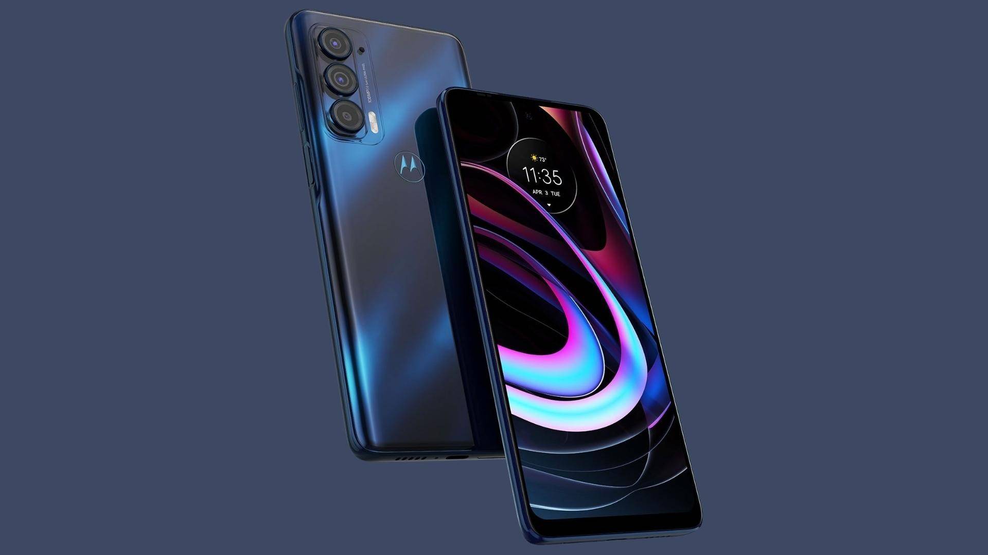 Imagen del producto Motorola Edge 2021 en Nebula Blue sobre un fondo azul oscuro