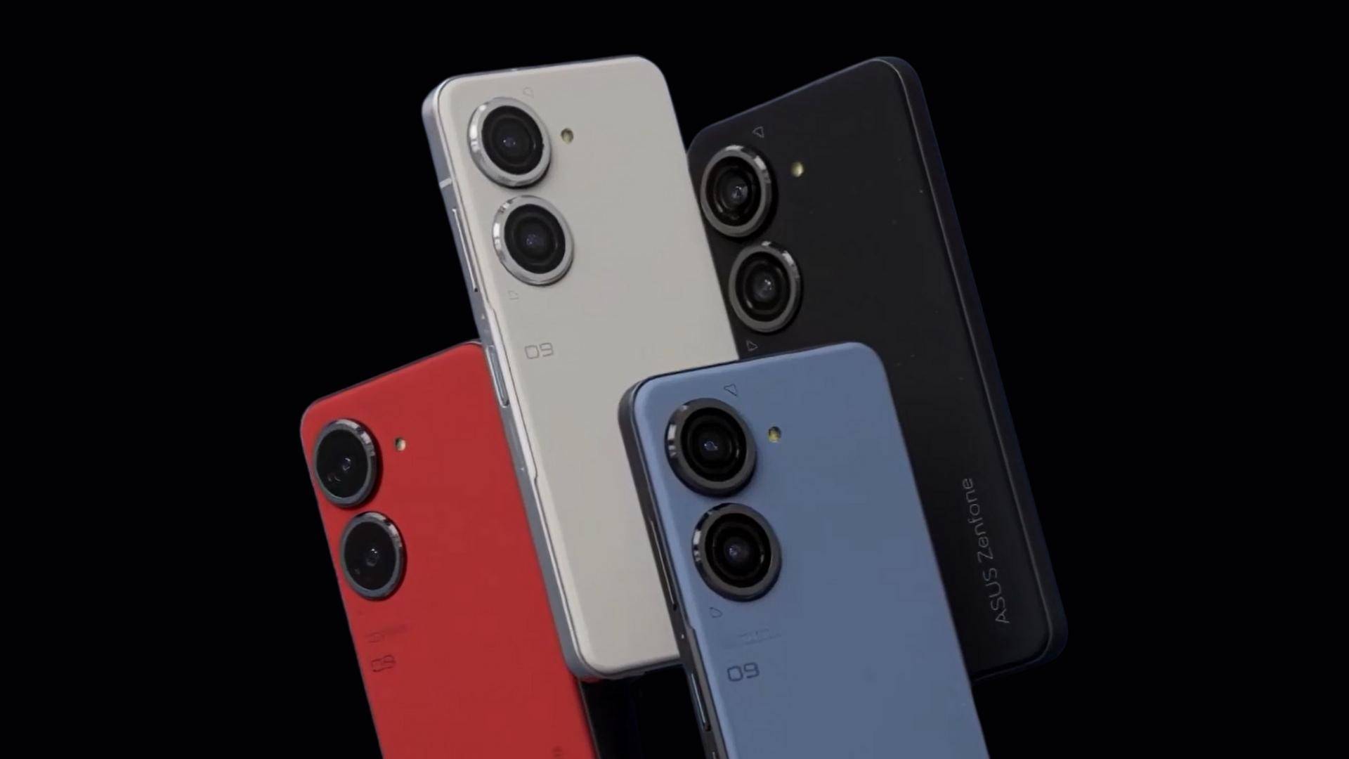 Zenfone 9 og dens fire farger på svart bakgrunn