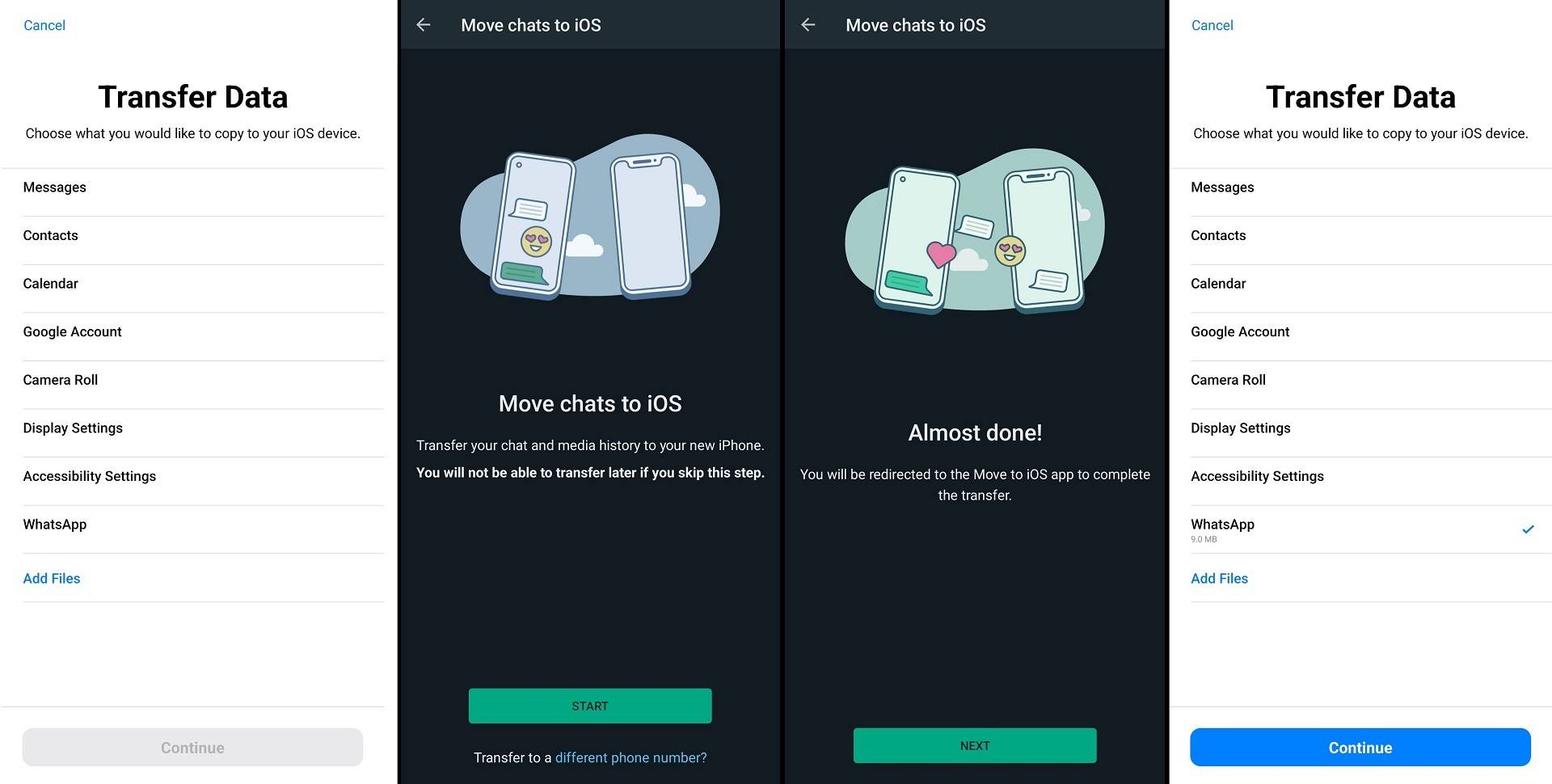 image showing the steps you need to perform on an android phone to complete whatsapp data migration