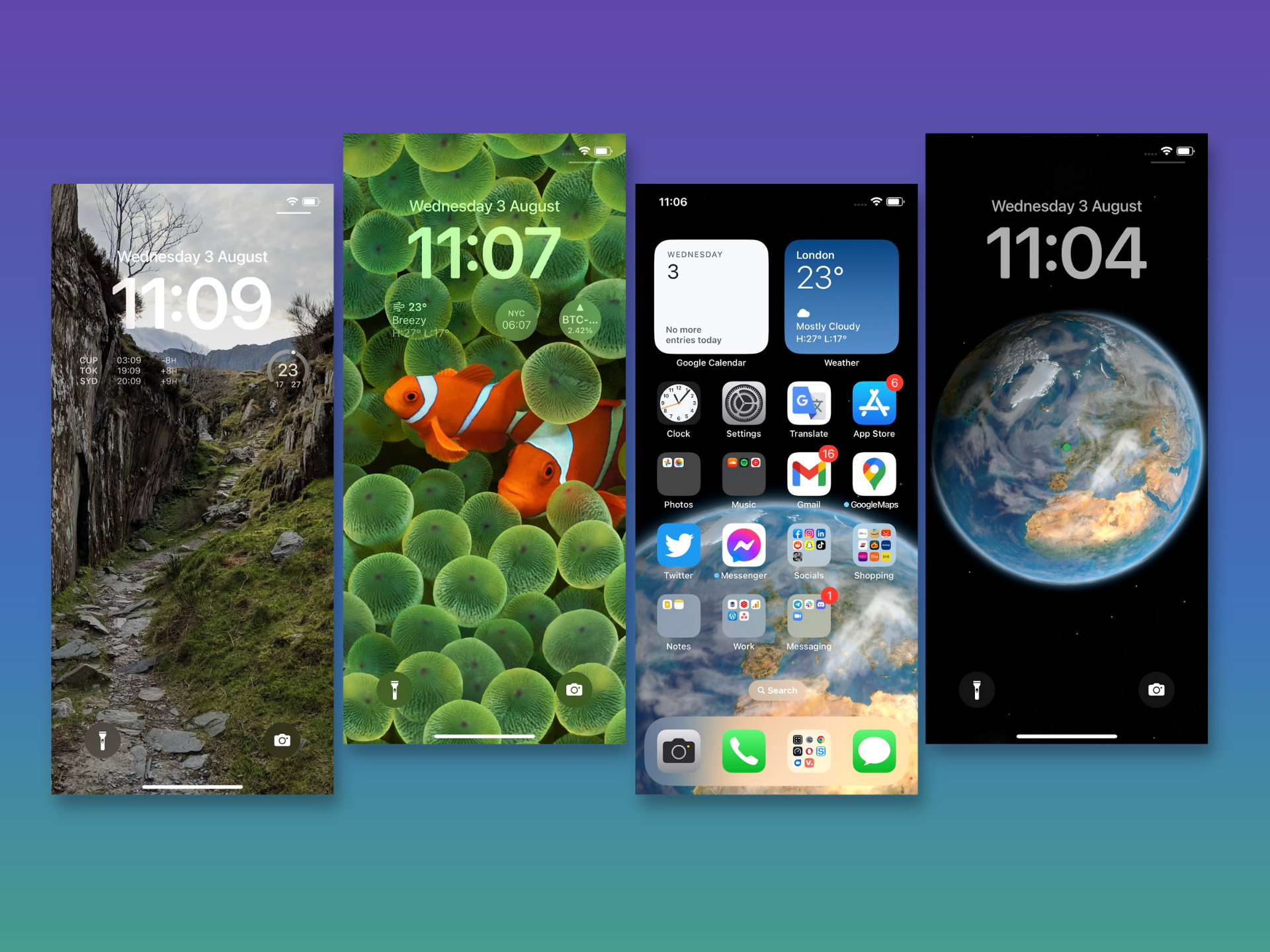 iOS 16 lock screens and home screen setups on iPhone 12